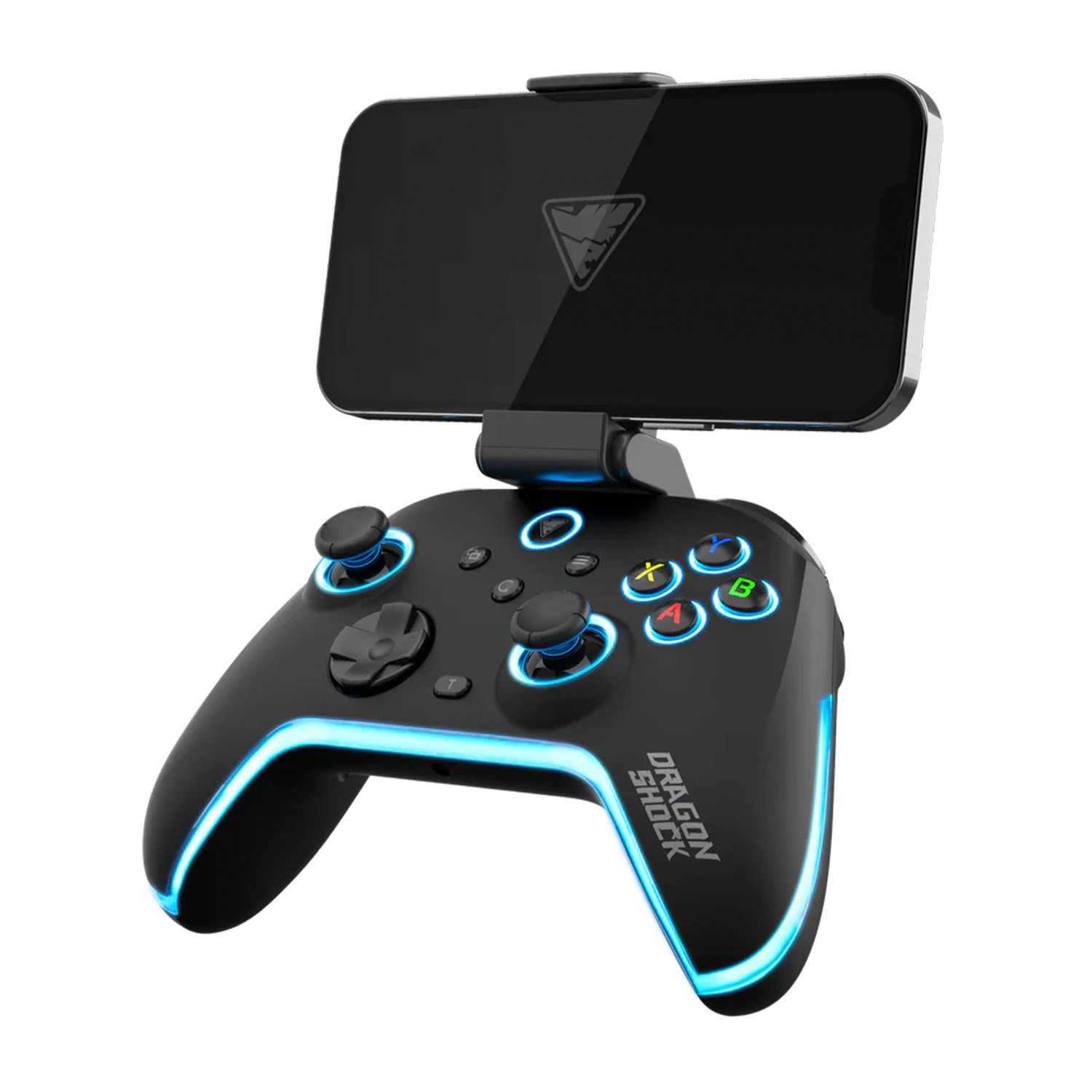 Un gamepad Dragon Shock nero con un telefono collegato. Ha illuminazione e pulsanti blu. Il telefono è nero.