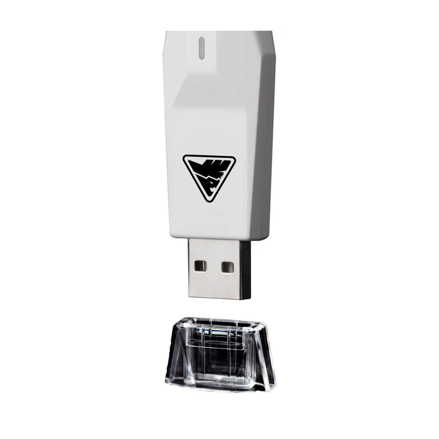 Un dispositivo USB bianco con un logo nero e un cappuccio di plastica trasparente. Il connettore USB è argentato. Il cappuccio è sotto il dispositivo.