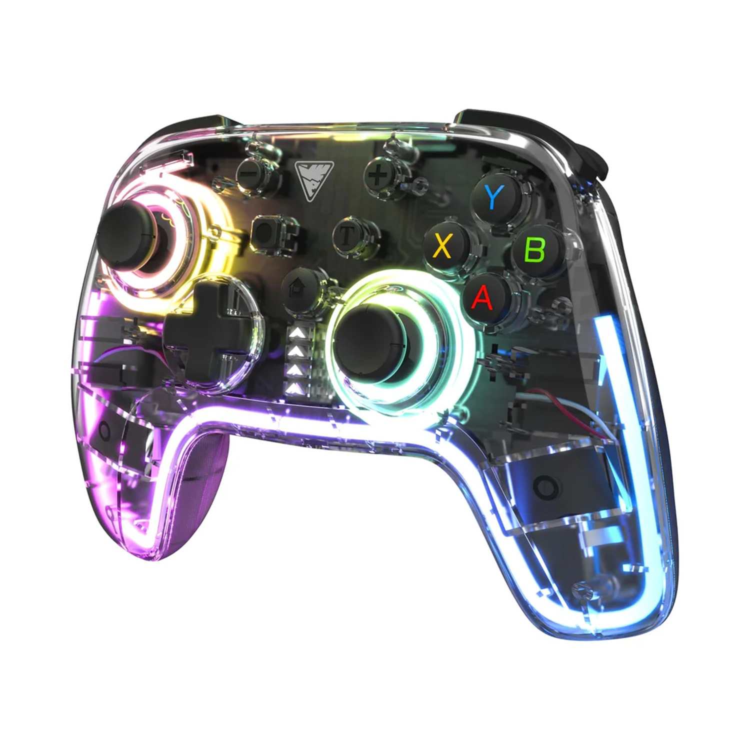 Un controller di gioco trasparente con luci LED colorate. Ha pulsanti con lettere e controlli direzionali.