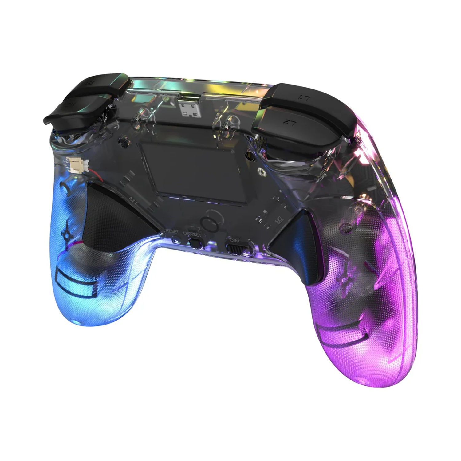 Un controller di gioco trasparente con illuminazione sfumata blu e viola. Pulsanti e componenti interni sono visibili.