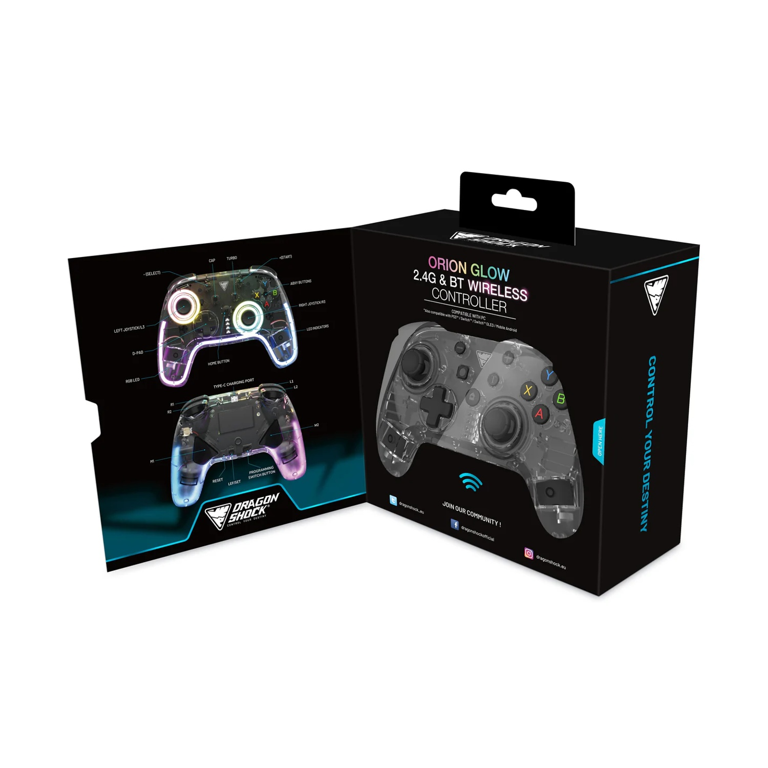 Un controller di gioco trasparente con pulsanti e joystick, mostrato nella sua scatola con dettagli. Etichette di testo e marchio sono visibili.