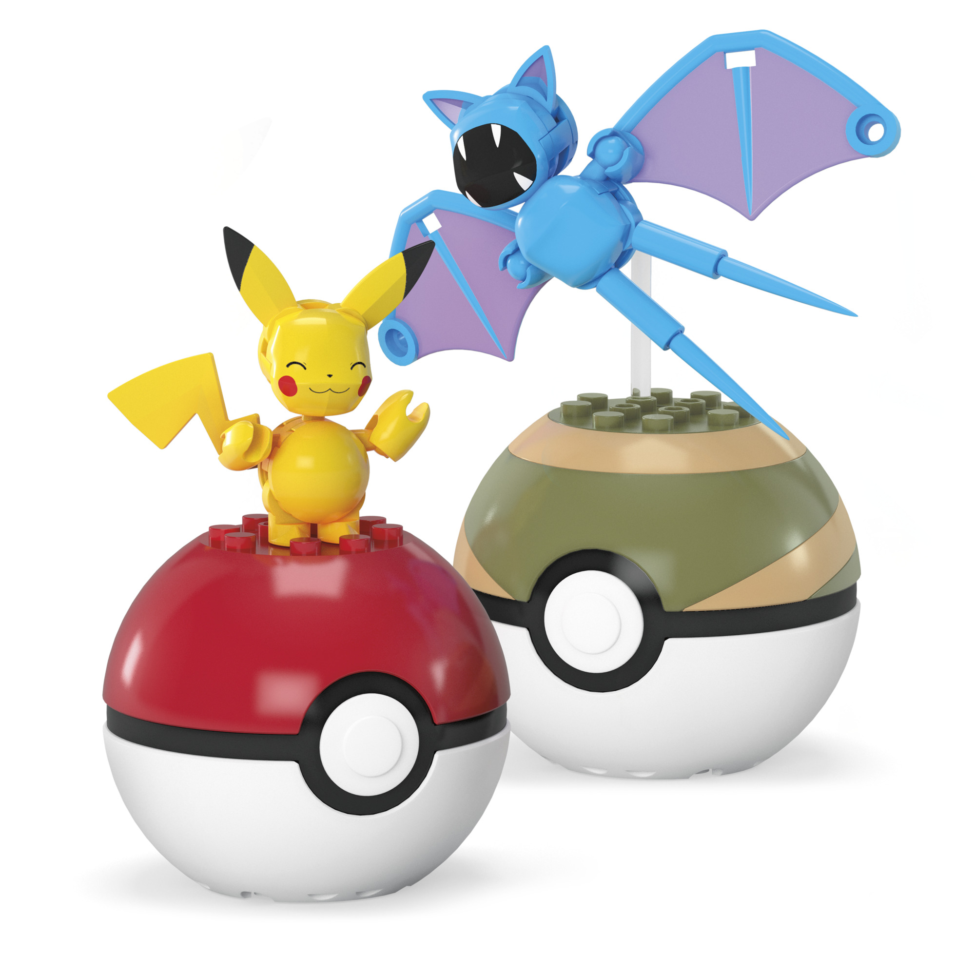 Zwei Pokemon-Figuren. Pikachu auf einem roten Pokeball und ein blauer Zubat auf einem grün-beigen Pokeball. Weißer Hintergrund.