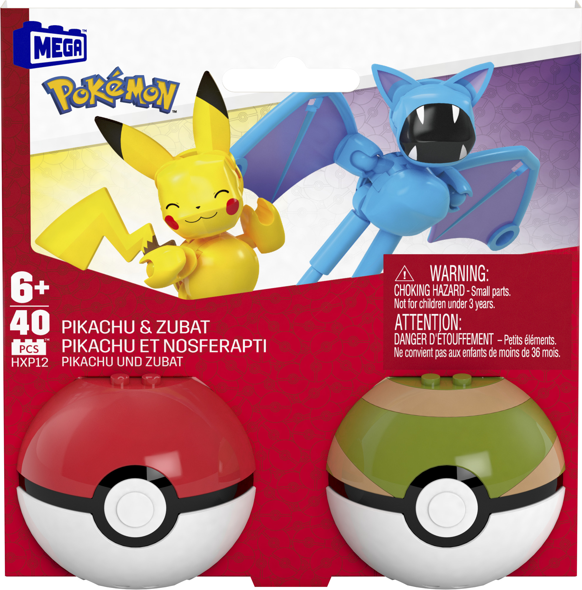 Ein Mega Construx Pokémon-Set mit Pikachu- und Zubat-Figuren sowie zwei Pokéball-Behältern. Warnhinweis vorhanden.