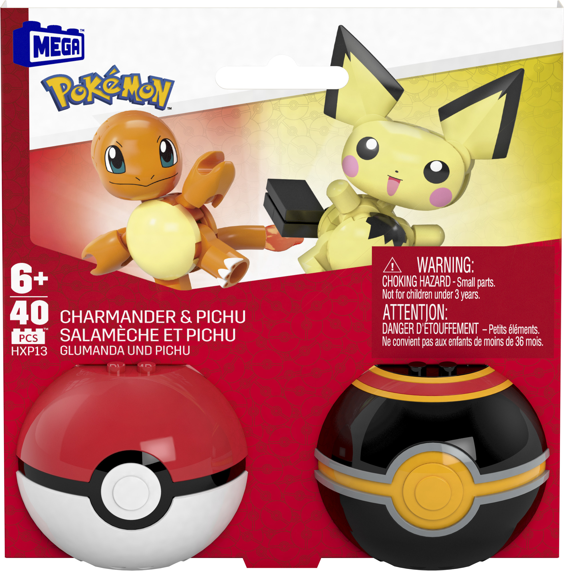 Eine Box mit Charmander- und Pichu-Figuren. Unten sind zwei Poké-Bälle. Der Hintergrund ist rot.
