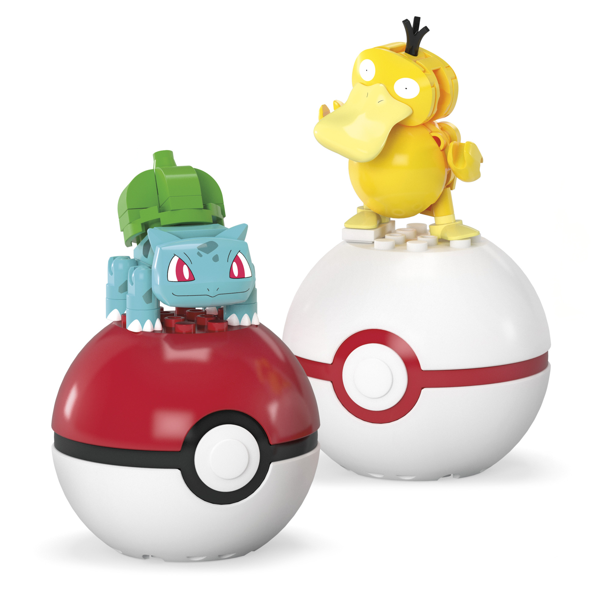 Zwei Pokemon-Figuren auf Poke-Bällen. Eines ist Bulbasaur, das andere Enton.