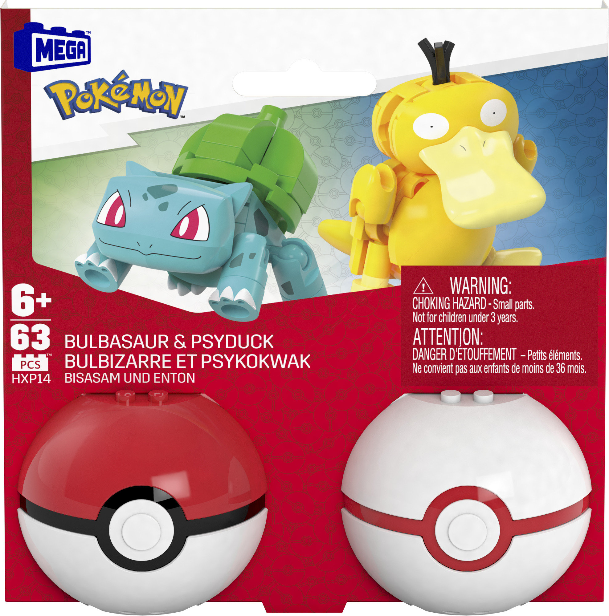 Ein Spielzeugpaket mit Bulbasaur- und Enton-Figuren und rot-weißen Poké-Bällen. Die Marke ist Mega Pokemon.