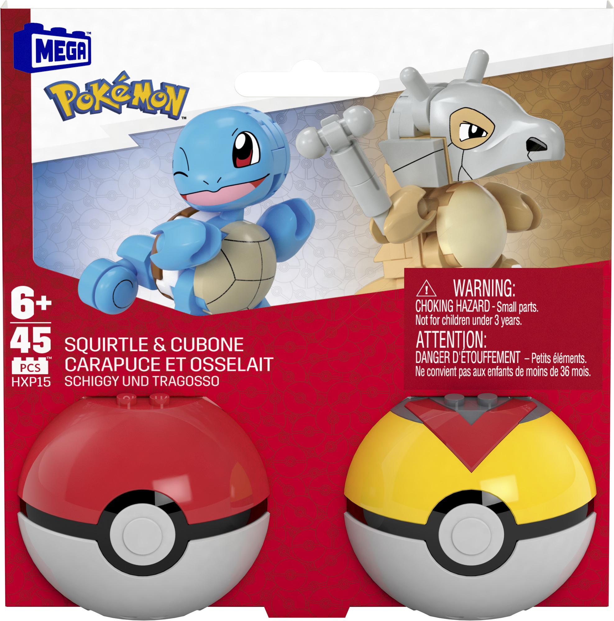 Ein Mega Construx Pokémon-Set. Es enthält Squirtle- und Knogga-Figuren sowie zwei Poké-Bälle. Die Verpackung enthält Warnhinweise.