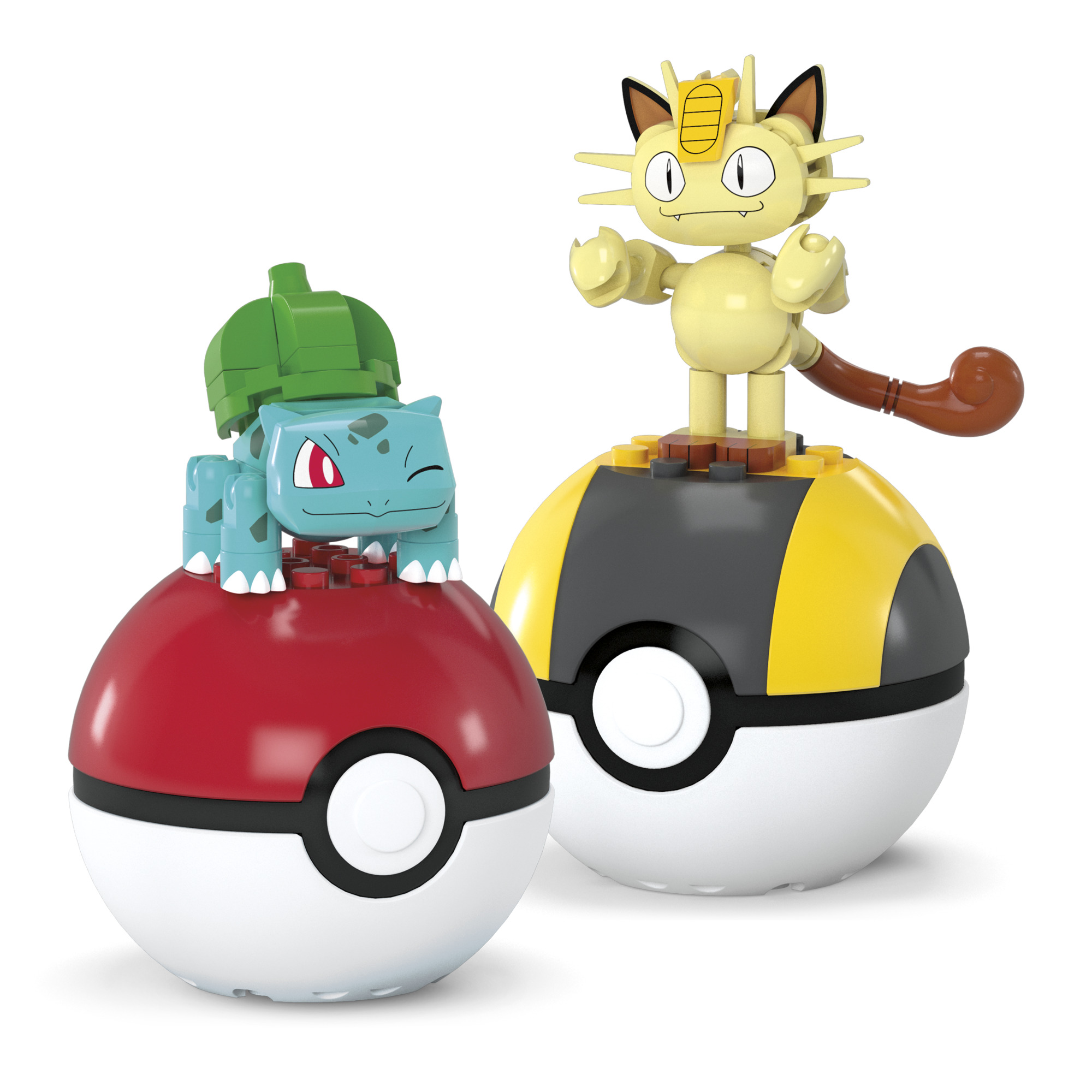 Zwei Pokemon-Figuren: Bulbasaur auf einem roten Pokeball und Mauzi auf einem schwarz-gelben Pokeball. Weißer Hintergrund.