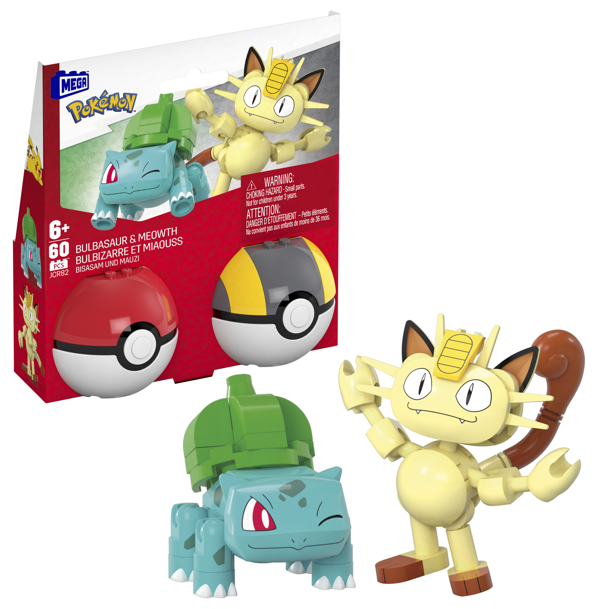 Ein Mega Construx-Set mit Bulbasaur- und Meowth-Figuren, mit einem roten und einem gelb/grauen Pokéball. Die Box ist sichtbar.