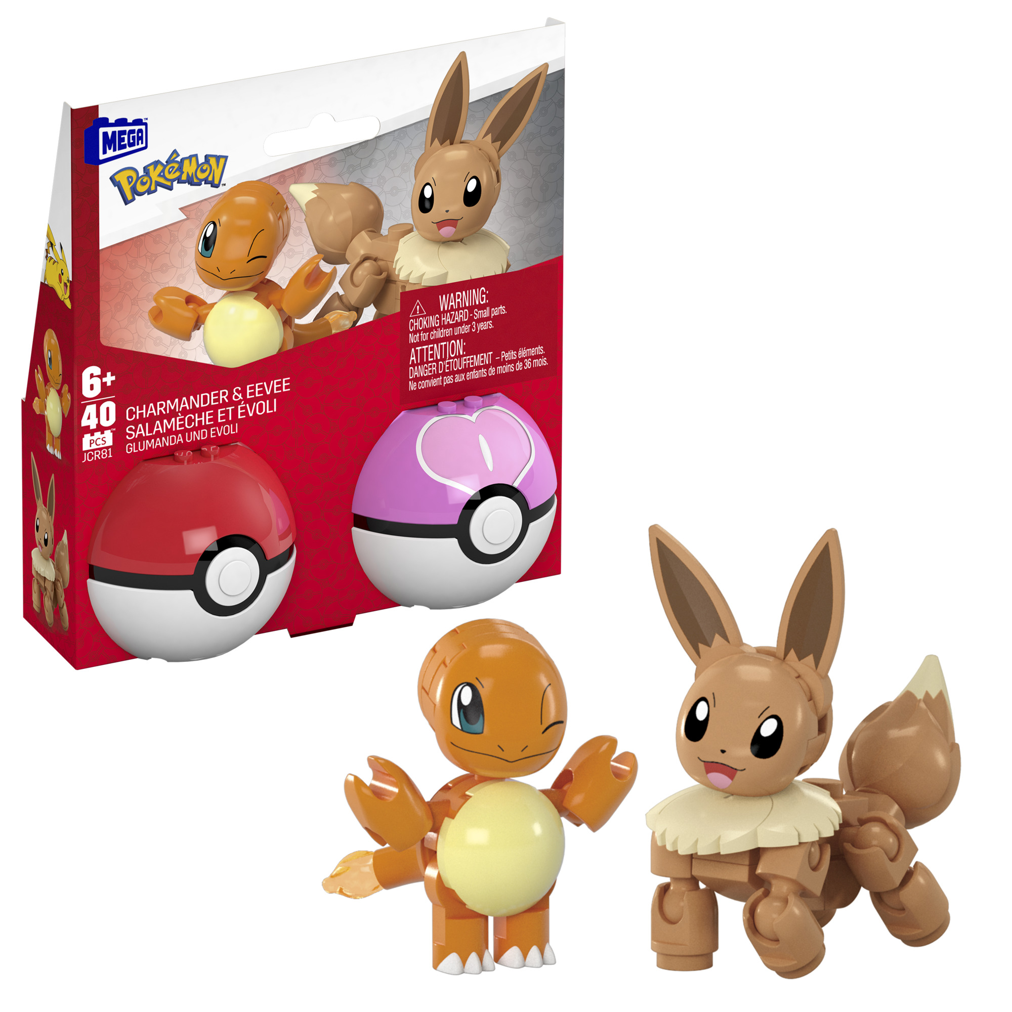 Ein Spielzeugset mit Charmander- und Evoli-Figuren. Eine Box mit dem Mega Pokemon-Logo und zwei Pokébällen ist ebenfalls sichtbar.