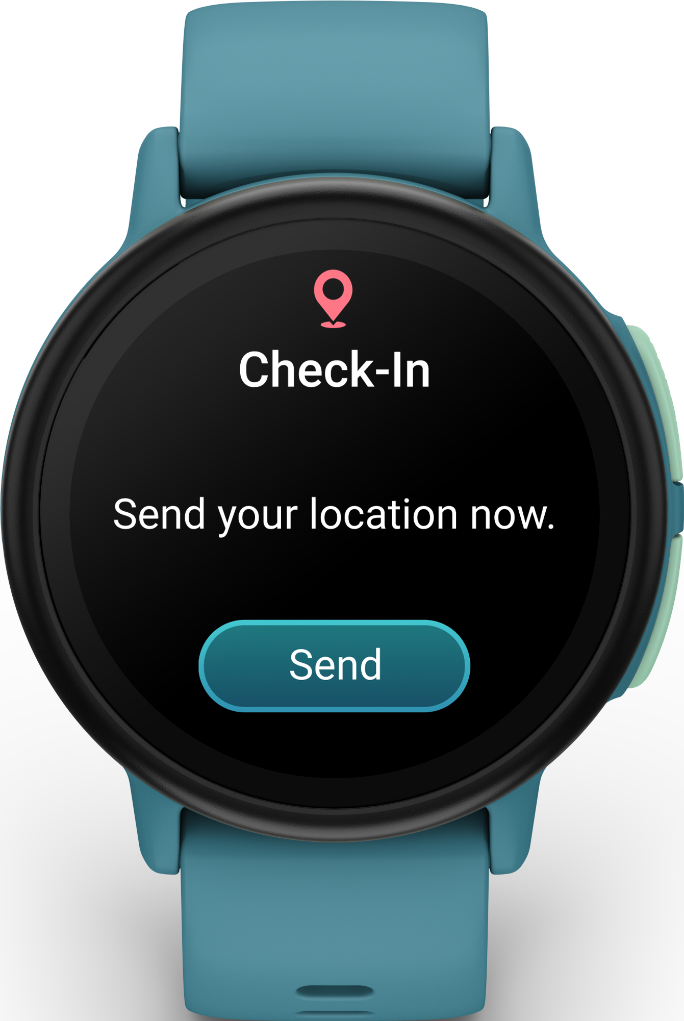Smartwatch mit Check-in-Bildschirm. Es zeigt ein Standort-Pin-Symbol, den Text 'Check-In' und eine 'Senden'-Schaltfläche.