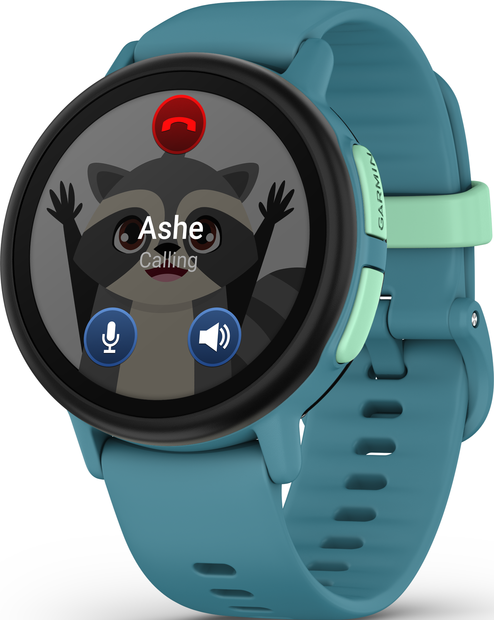 Eine türkisfarbene Garmin-Uhr zeigt einen Cartoon-Waschbären namens Ashe an. Es ruft an, mit einem Mikrofon- und Lautsprechersymbol.