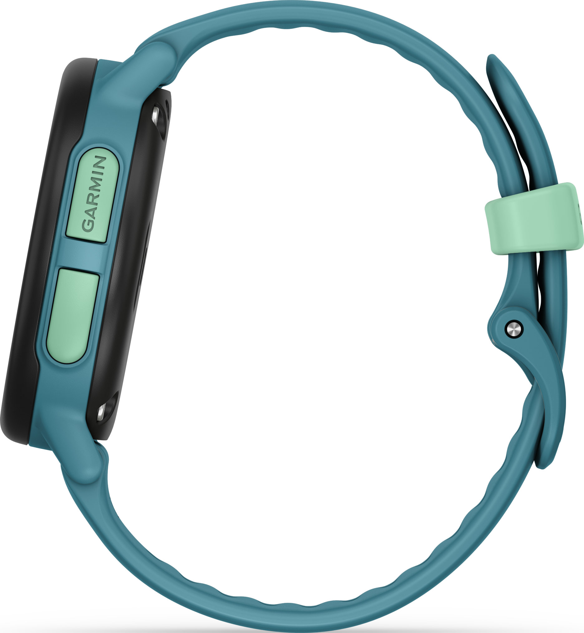 Eine türkisfarbene Garmin-Smartwatch auf schwarzem Hintergrund. Es hat eine mintgrüne Taste und einen Riemenhalter.