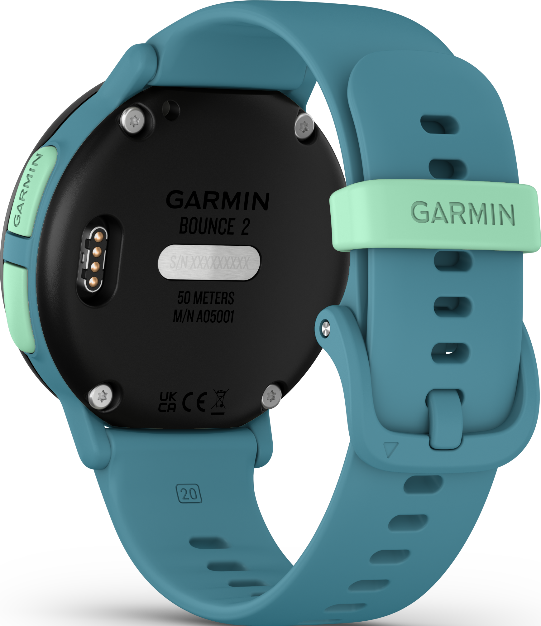 Eine Garmin Bounce 2 Smartwatch in Teal und Schwarz, mit einer mintgrünen Schließe. Die Uhr zeigt die Rückseite, mit Text und einem teal Armband.