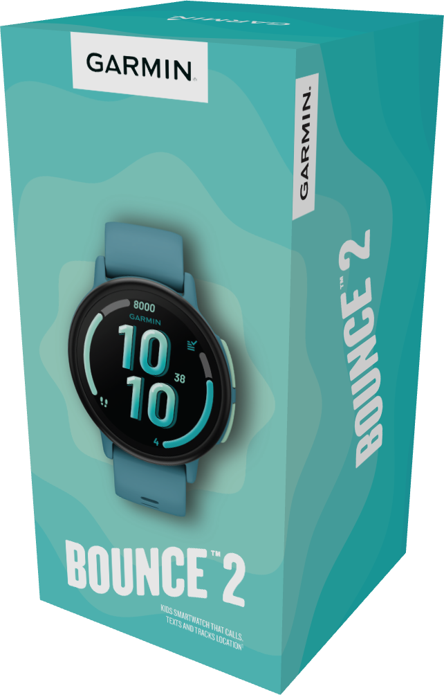 Eine Garmin Bounce 2 Kinder-Smartwatch-Box. Die Uhr ist teal, die Box ist teal mit dem Garmin-Logo und Uhrendetails.
