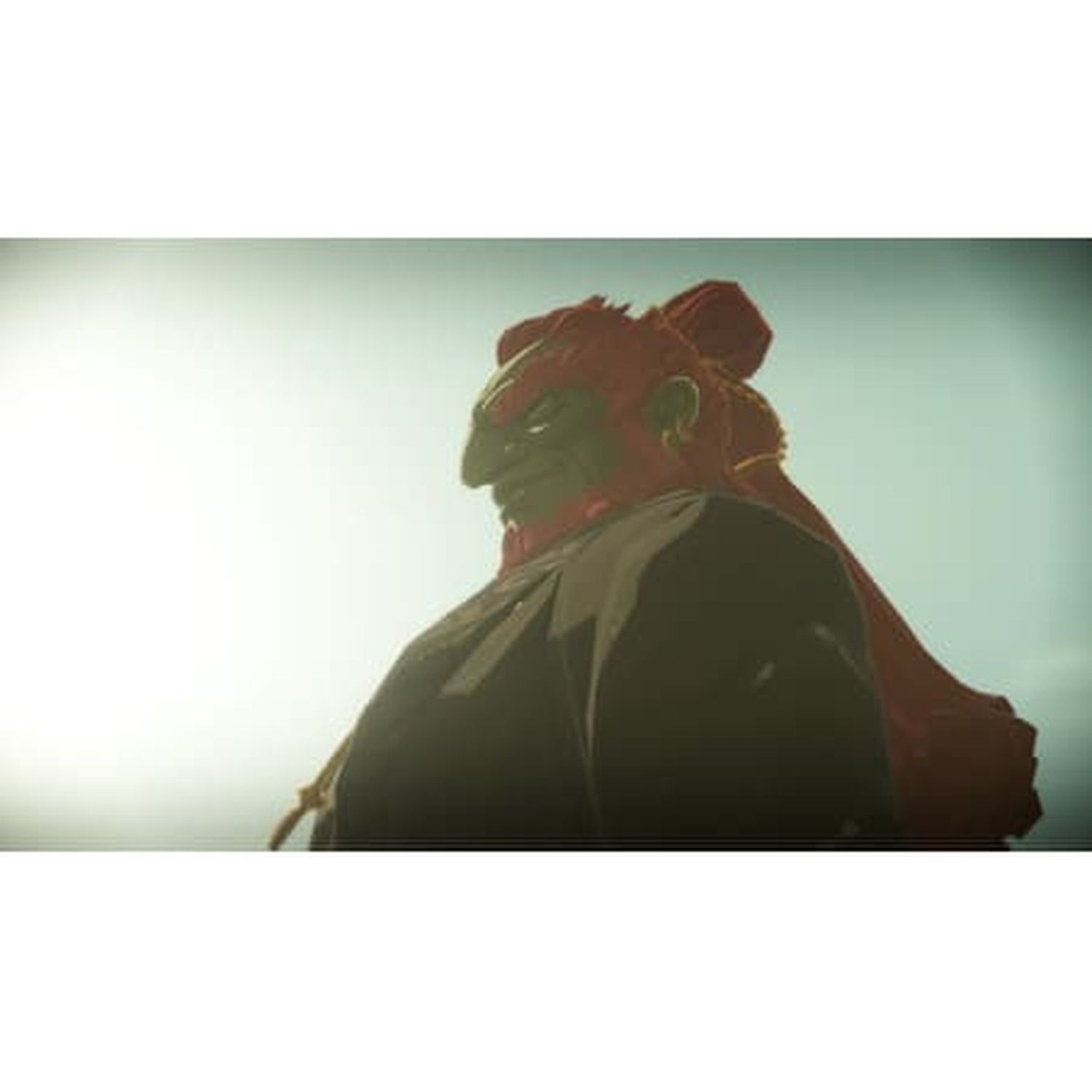 A character with red hair and a green face looks to the left. The background is a bright sky.