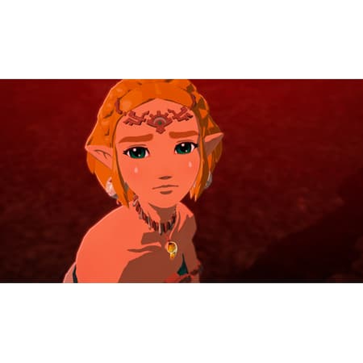A young woman with orange hair and green eyes looks sad. She wears a necklace and a headpiece. The background is red.