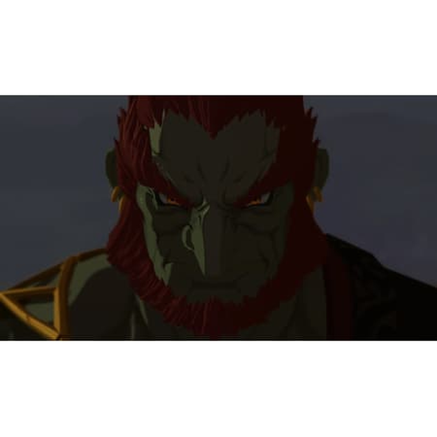 A close-up of a green-skinned character with red hair and beard, looking menacingly. The background is dark.