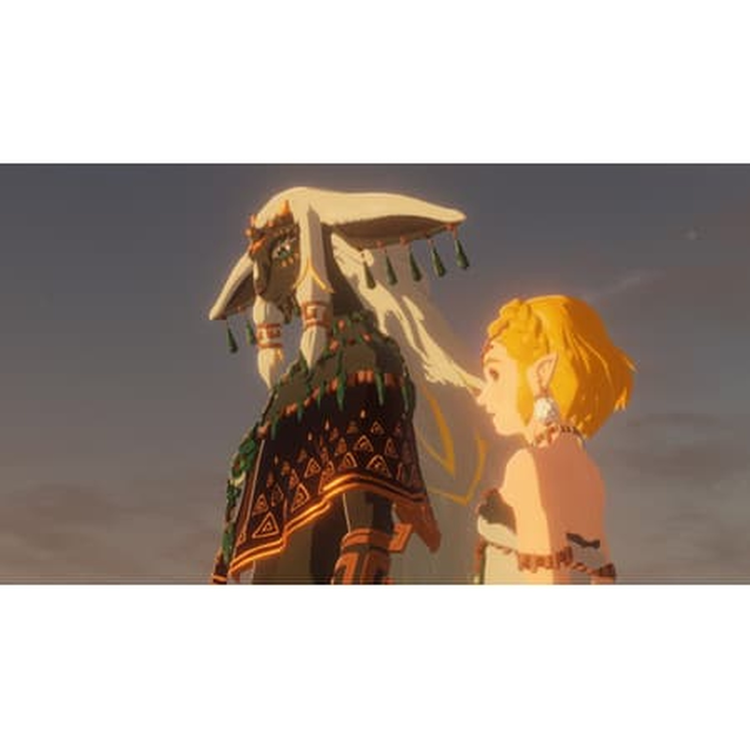 A character with a large headwear and a character with yellow hair are standing side by side against a light-colored sky.