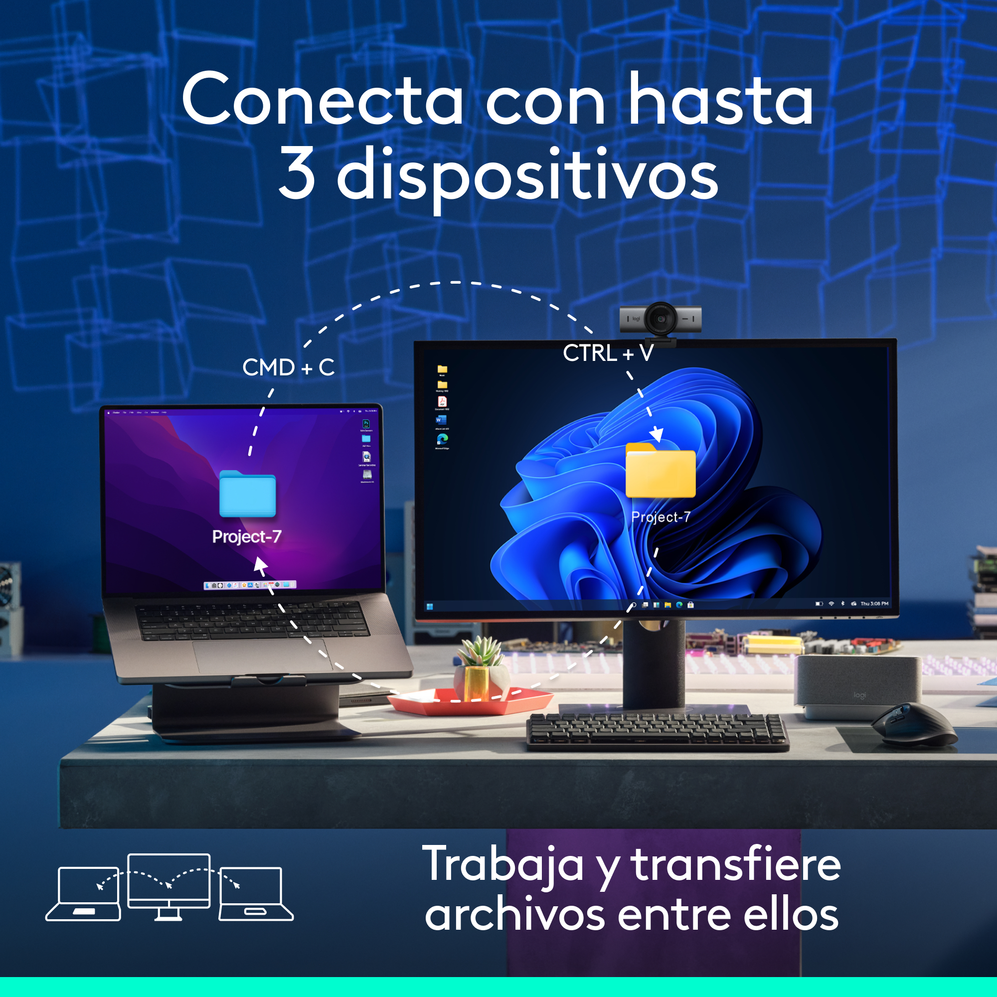 Configuración con portátil, monitor, teclado, ratón y webcam. Textos: Conéctate a 3 dispositivos, CMD+C, CTRL+V, Project-7 y Trabaja y transfiere archivos.