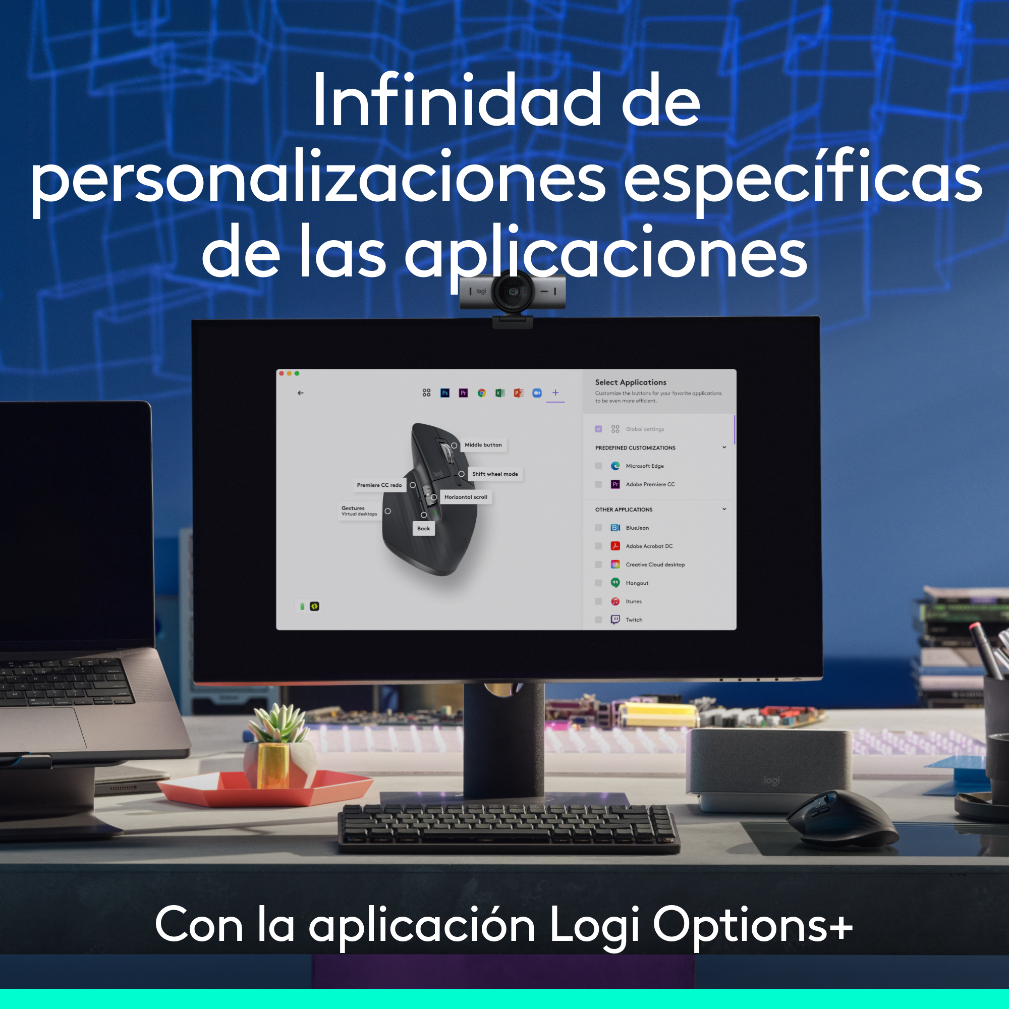 Una configuración de escritorio con monitor, ratón, teclado y portátil. La pantalla muestra opciones de personalización de aplicaciones.