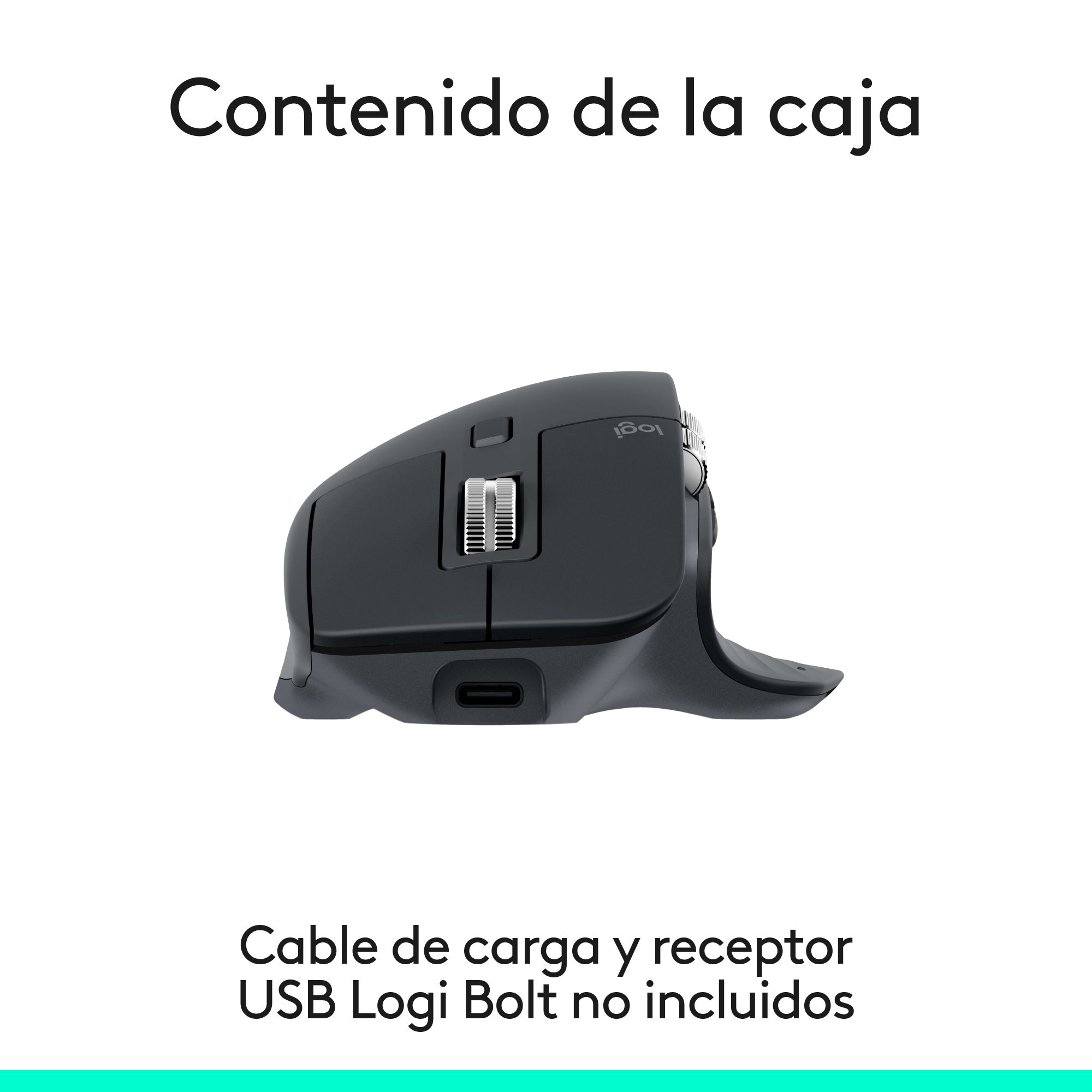 Un ratón negro de Logitech sobre fondo blanco. Arriba, el texto dice 'Contenido de la caja'.
