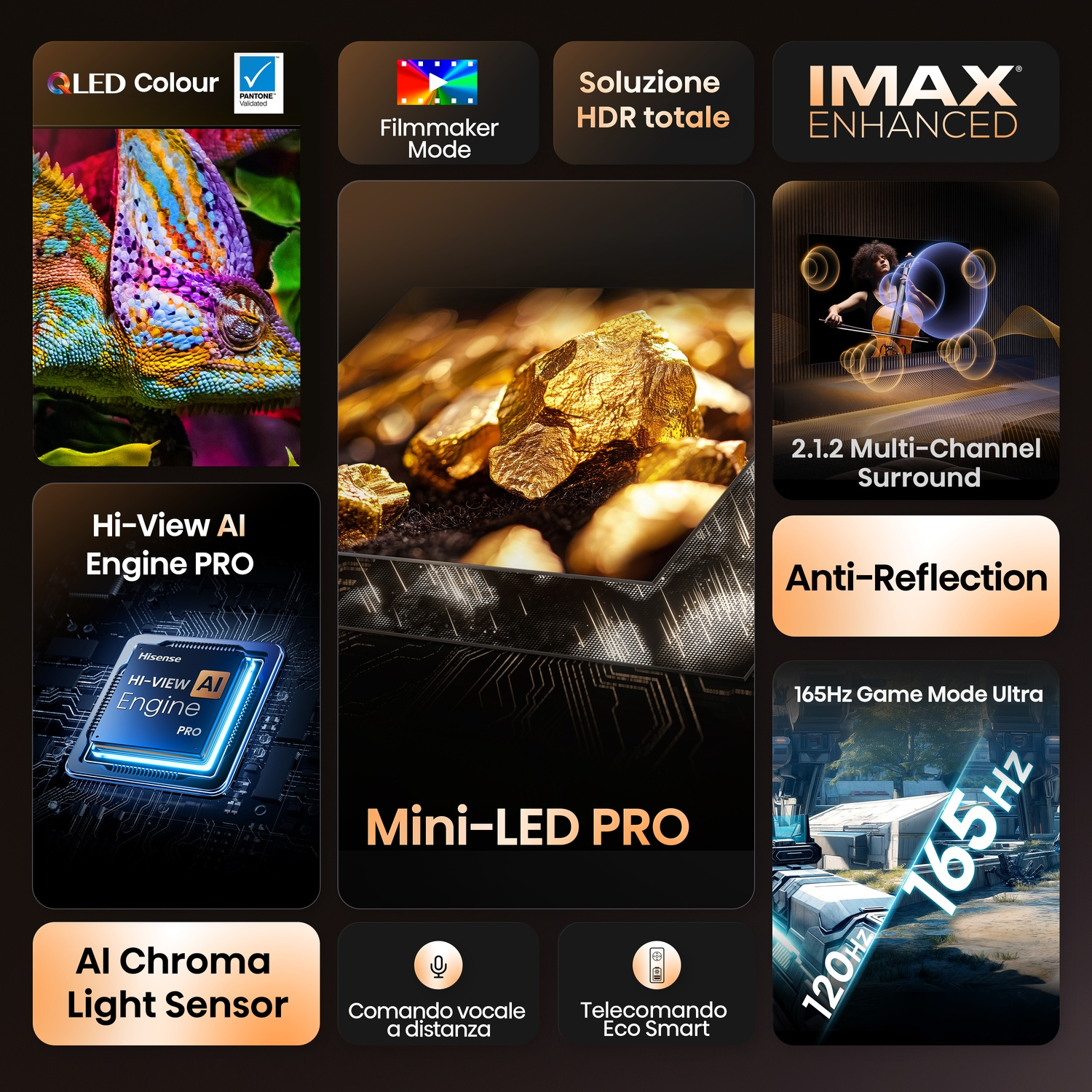 Pubblicità TV con QLED, HDR, IMAX e un camaleonte su un ramo.