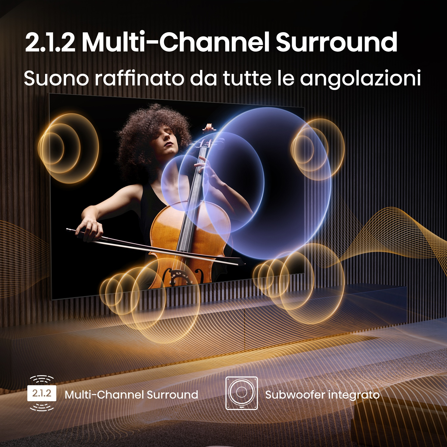Un musicista suona il violoncello di fronte a un televisore. Le onde sonore emanano dal televisore, indicando un sistema audio surround.