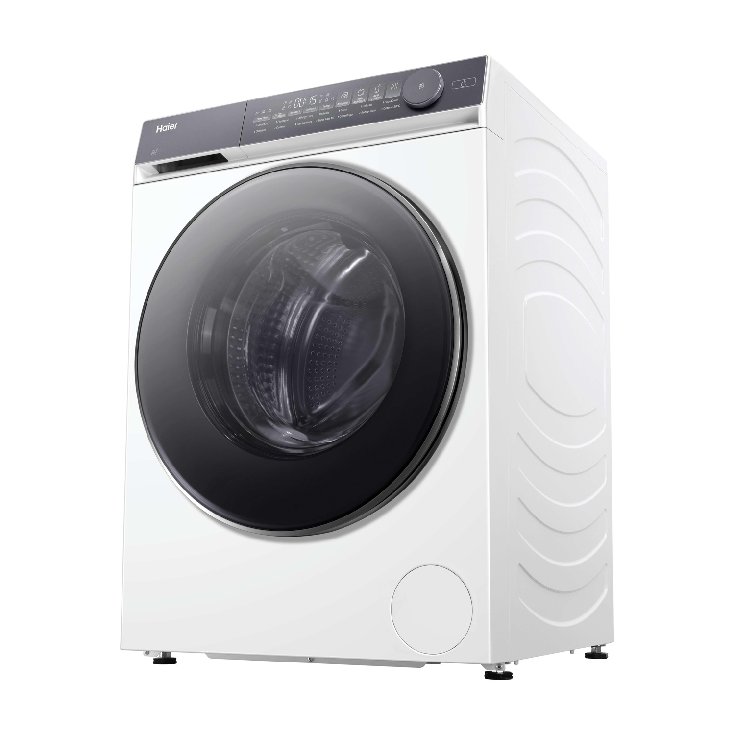 Una lavatrice Haier bianca. Ha un pannello superiore grigio scuro con display digitale e pulsanti di controllo. L'oblò è nero.