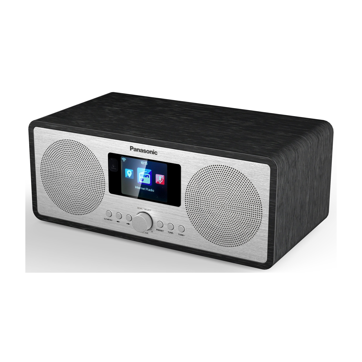 Una radio Internet Panasonic con parte superiore in legno nero e pannello frontale argentato. Ha un piccolo display e pulsanti di controllo.