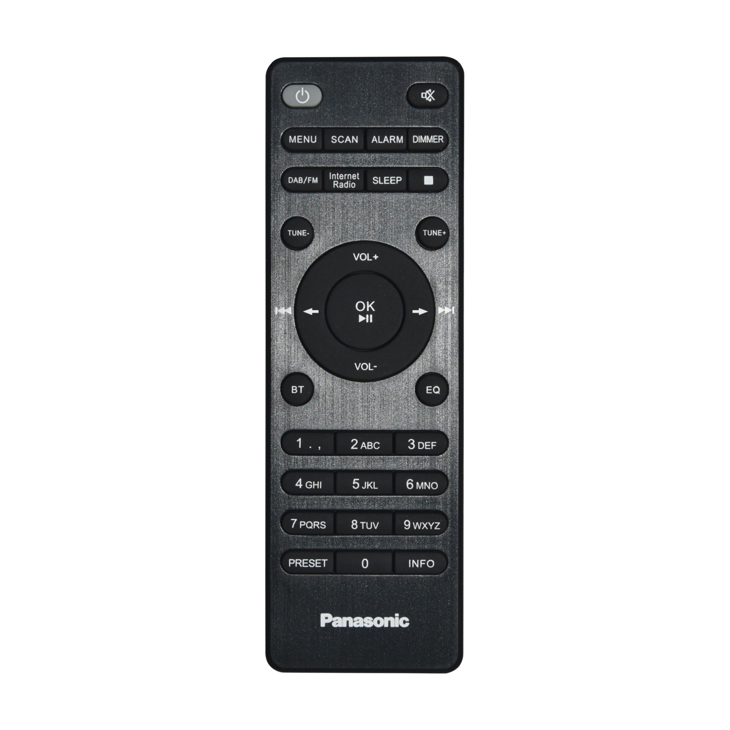 Telecomando Panasonic nero con pulsanti per menu, volume e numeri. Include un pulsante di accensione e il logo Panasonic.