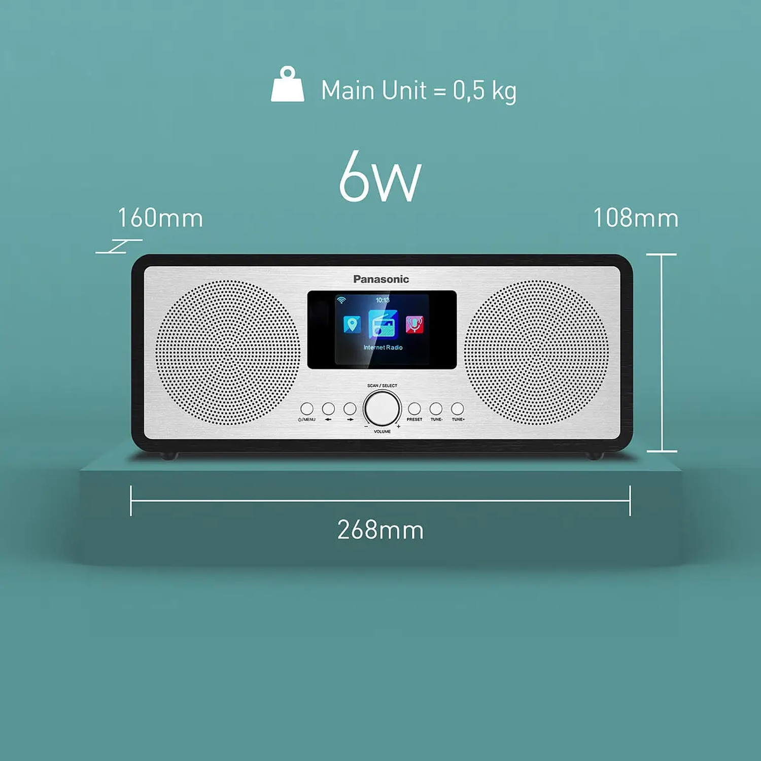 Una radio Internet Panasonic argentata e nera, con dimensioni visualizzate. Dispone di schermo, pulsanti e due altoparlanti. Lo sfondo è verde acqua.