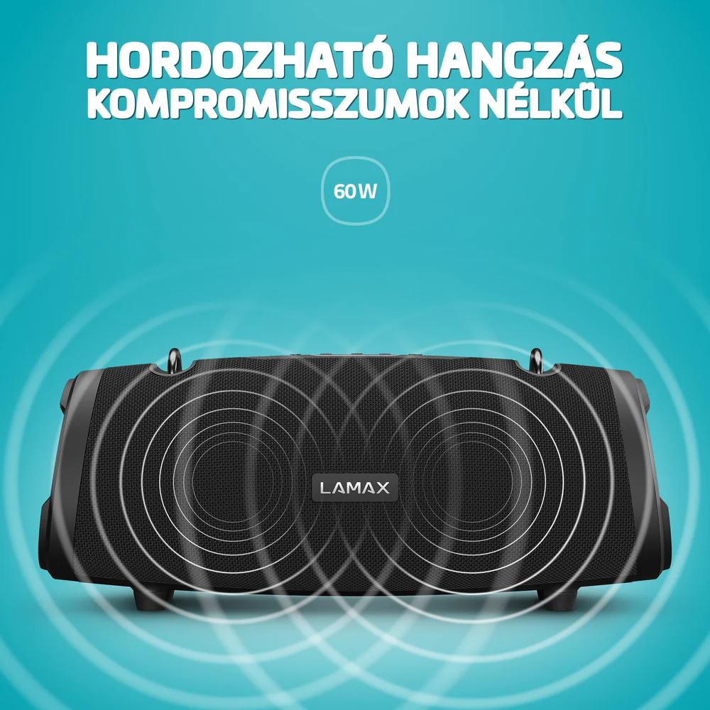 Fekete LAMAX hangszóró türkiz háttérrel. Fehér hanghullámív a hangszóróból. Szöveg: Hordozható hangzás kompromisszumok nélkül.