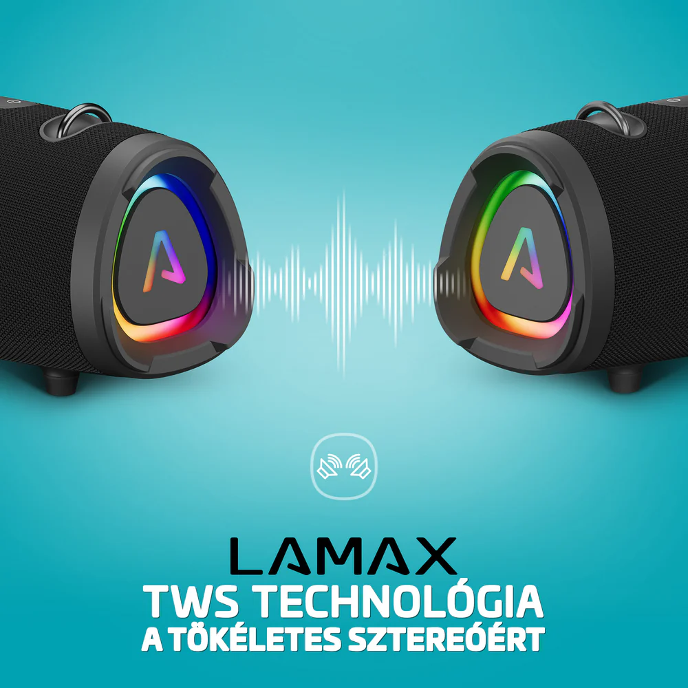 Két fekete hangszóró színes fényekkel, Lamax logóval és TWS technológia szöveggel. Hanghullámok közöttük kék háttéren.