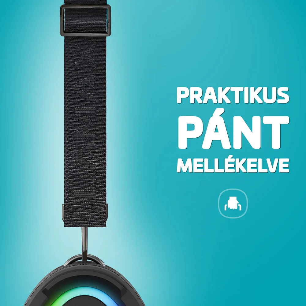 Fekete fejhallgató pánt 'RAZER' felirattal, felülről lóg. A háttér türkiz, fehér szöveggel, magyarul.