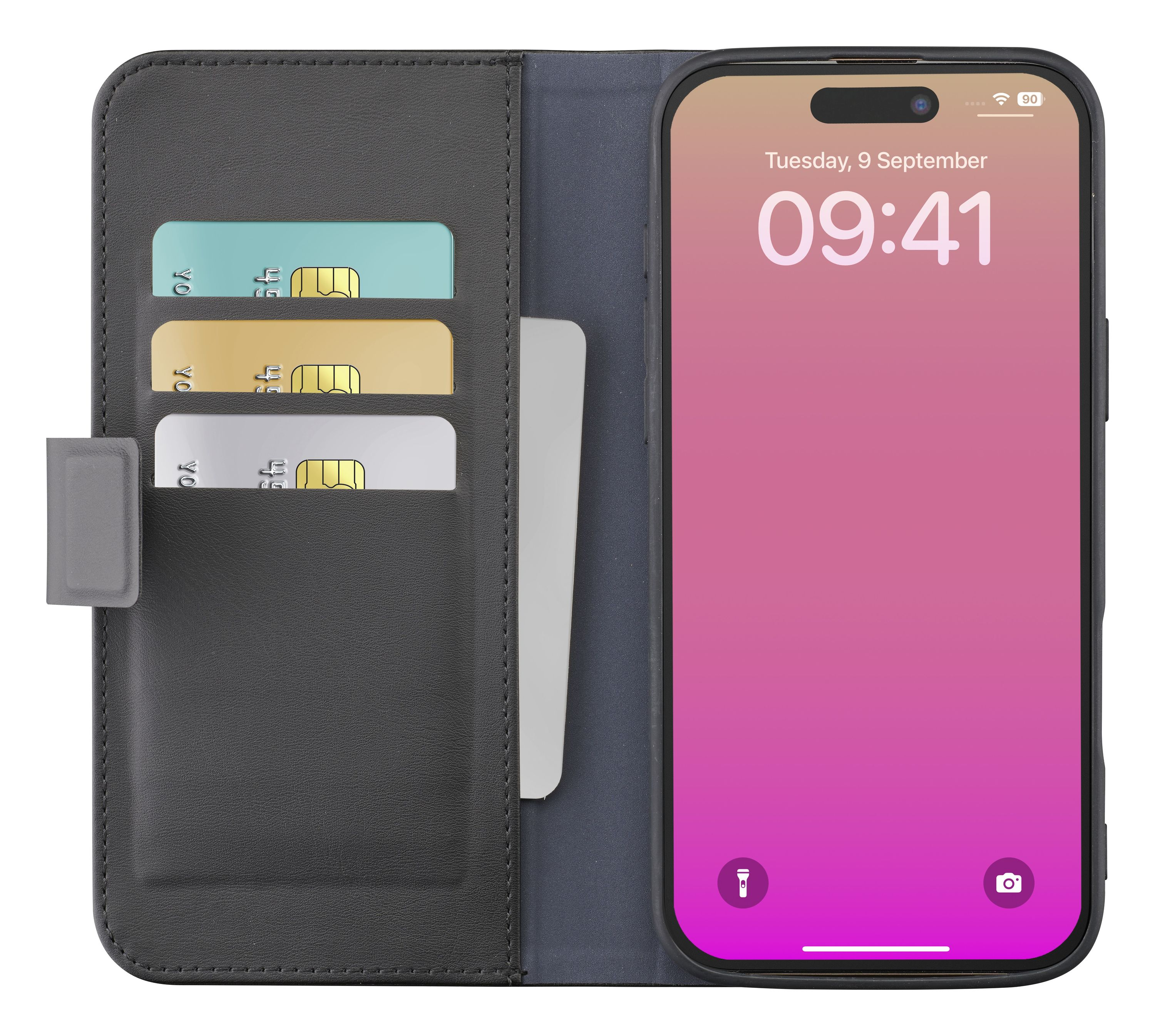 Telefon in einer Brieftasche. Telefon zeigt Datum und Uhrzeit. Kreditkarten sind sichtbar.