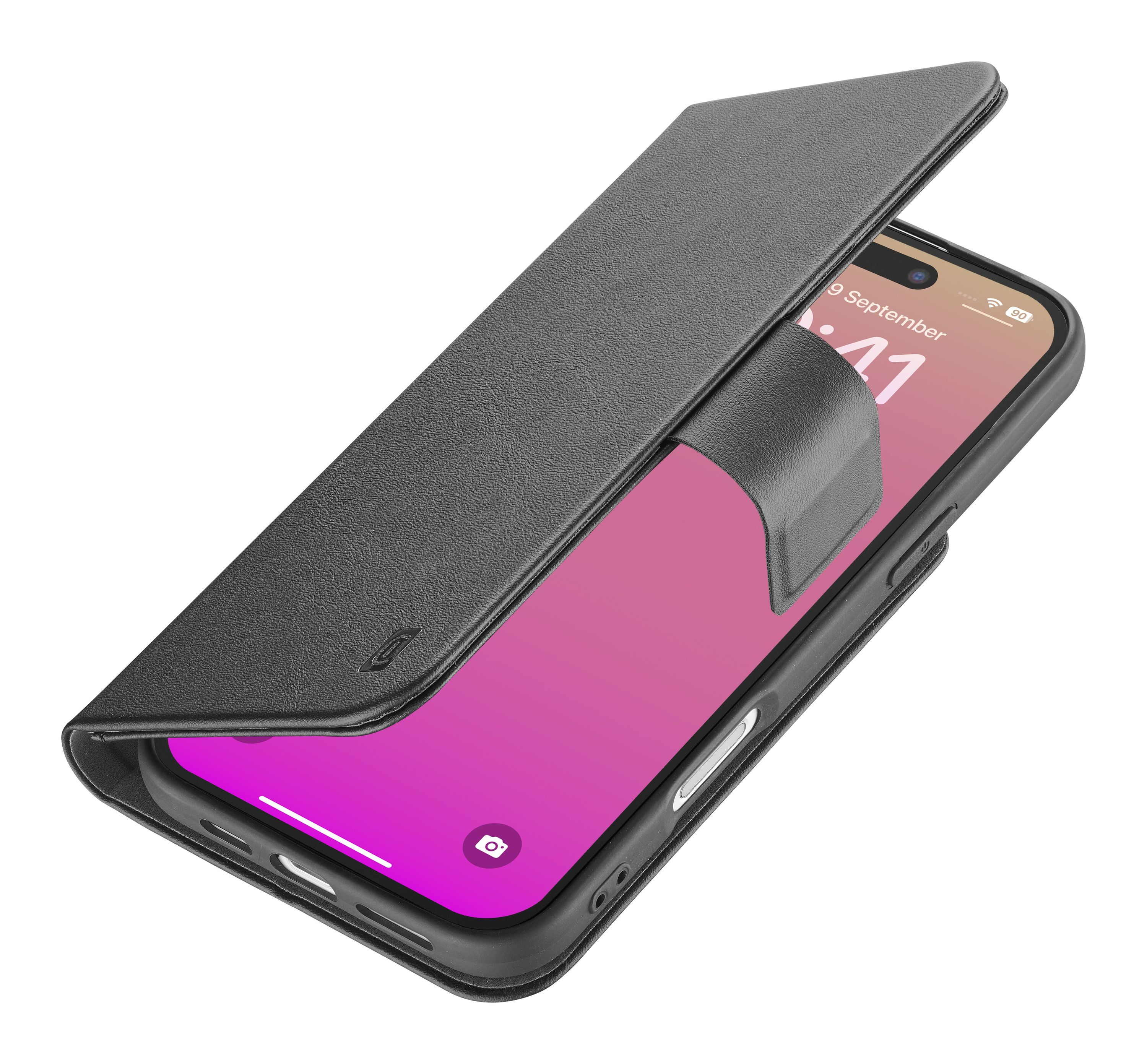 Schwarze Handyhülle mit einem Telefon darin. Das Telefon zeigt das Datum an. Die Hülle ist teilweise geöffnet.