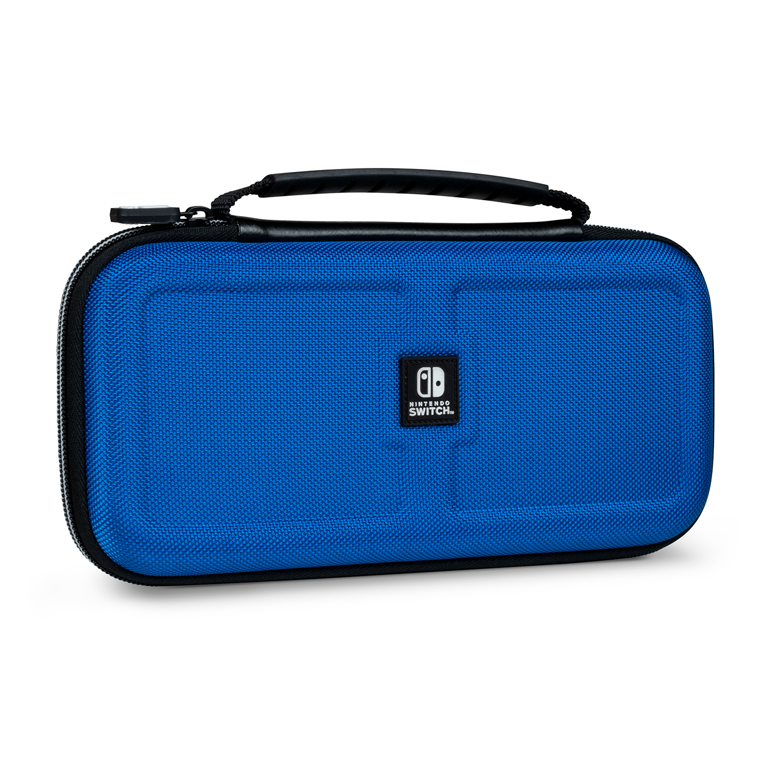 Una custodia blu per Nintendo Switch con cerniera nera, maniglia e logo Nintendo Switch su sfondo bianco.