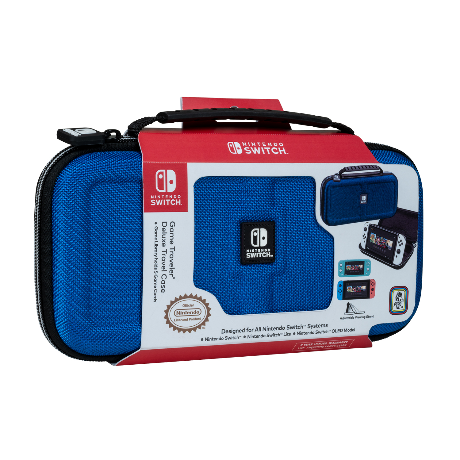 Una custodia da viaggio Deluxe Nintendo Switch blu con un'etichetta rossa e bianca. Ha una maniglia e mostra il logo Nintendo Switch.