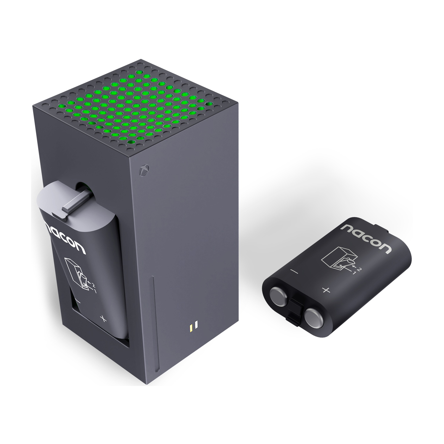 Un dispositivo nero simile a Xbox Series X con vano batteria che contiene una batteria Nacon. Un'altra batteria separata a destra.