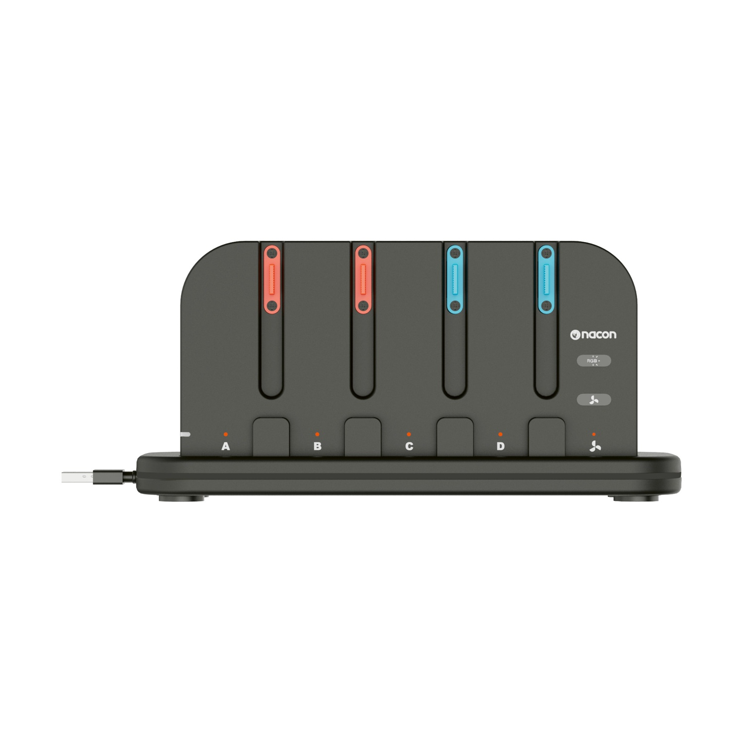 Una stazione di ricarica nera con quattro slot, ciascuno con un indicatore colorato. Cavo USB a sinistra.