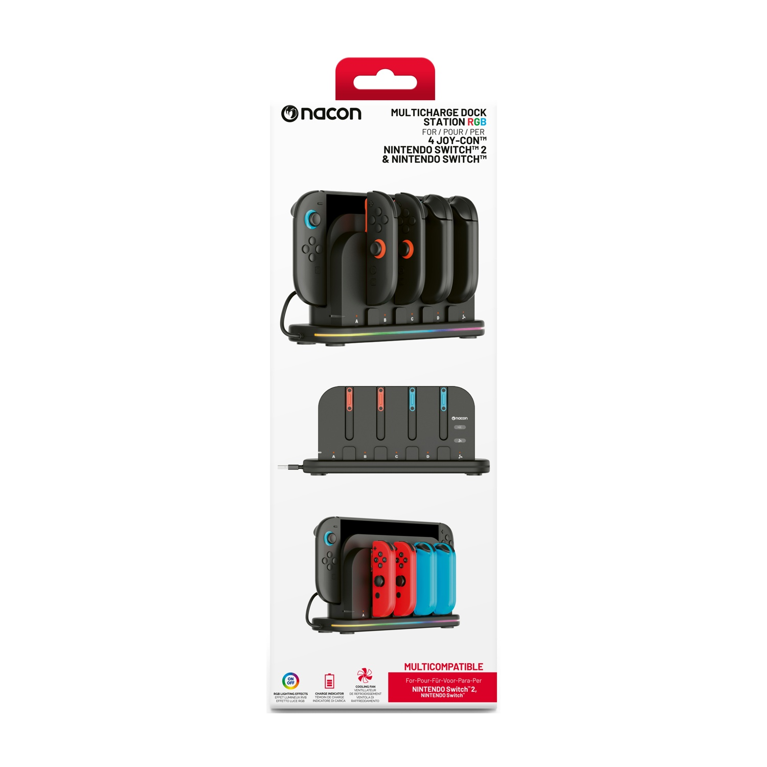 Una stazione di ricarica Nacon Multicharge nera per Nintendo Switch. Ha slot per Joy-Con e un indicatore di carica.