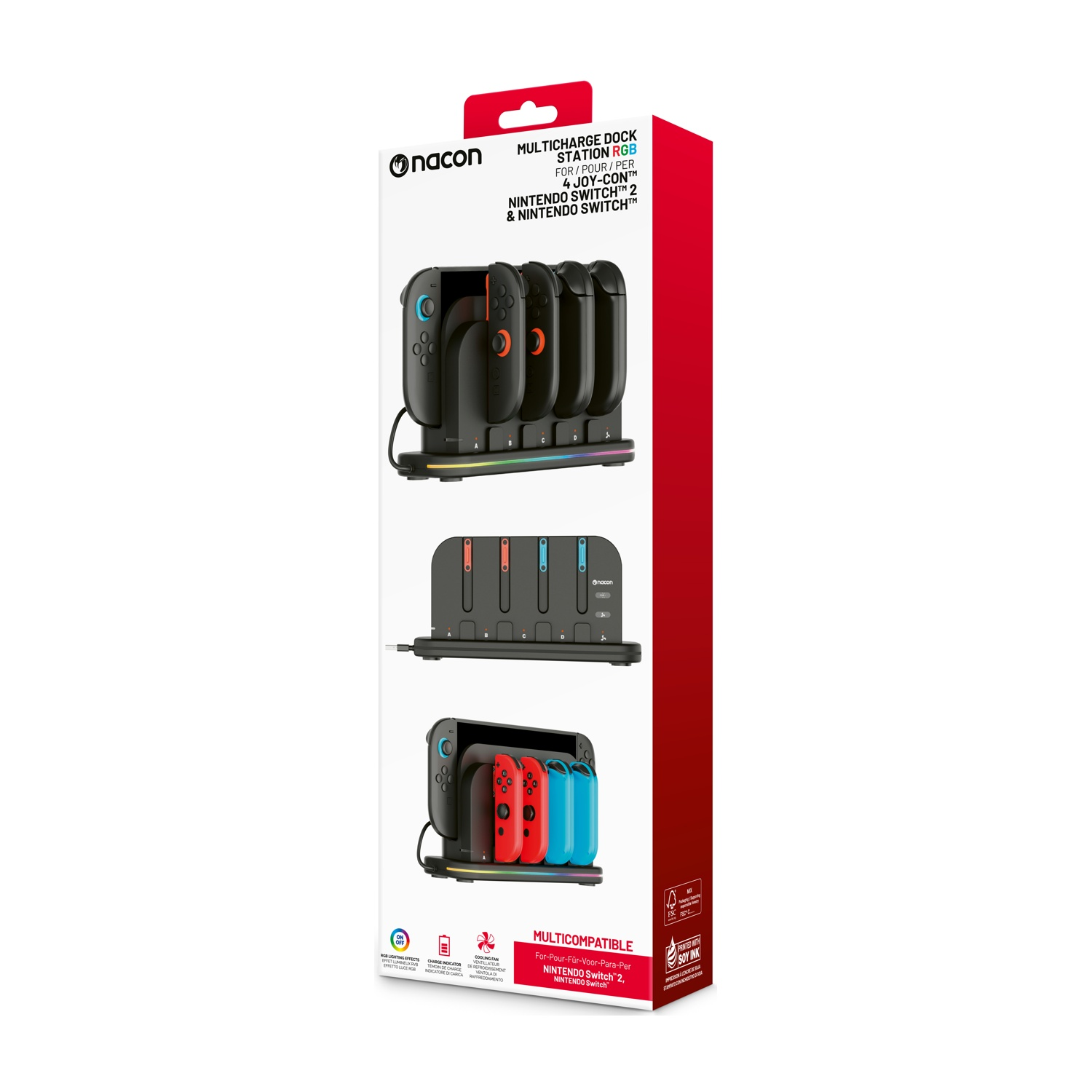 Scatola per controller Nintendo Switch. Ci sono controller neri con rossi e blu. Il marchio è Nacon.