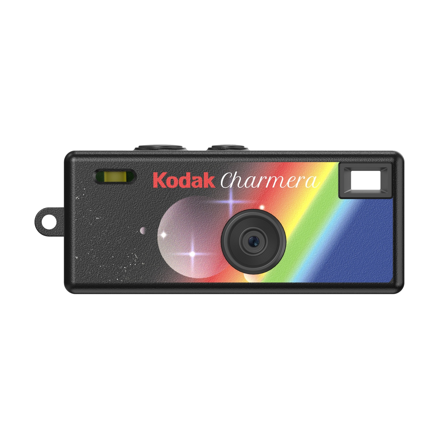 Una fotocamera Kodak Charmera nera con un design arcobaleno e spaziale. La fotocamera ha un obiettivo, un mirino e un indicatore del flash.