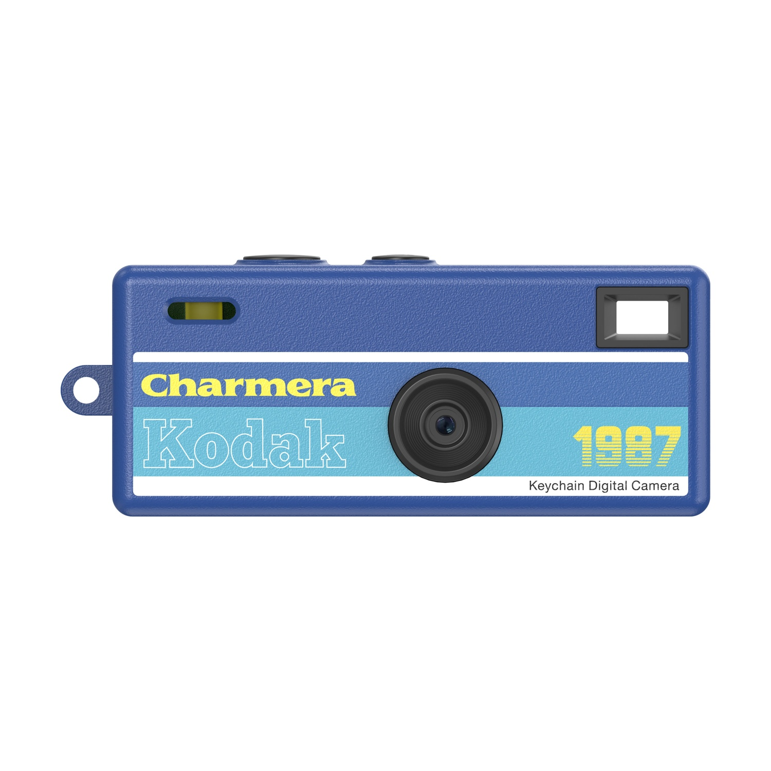 Una fotocamera digitale portachiavi Kodak blu con la scritta 'Kodak' in bianco e '1987' in giallo. Ha un obiettivo nero e un foro per portachiavi.