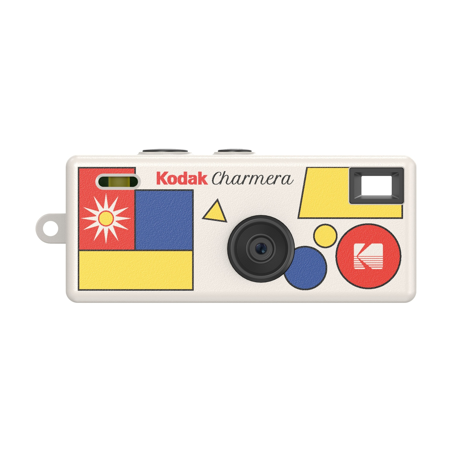 Una fotocamera Kodak Charmera, color crema con forme geometriche colorate e il logo Kodak. Dotata di obiettivo e mirino.