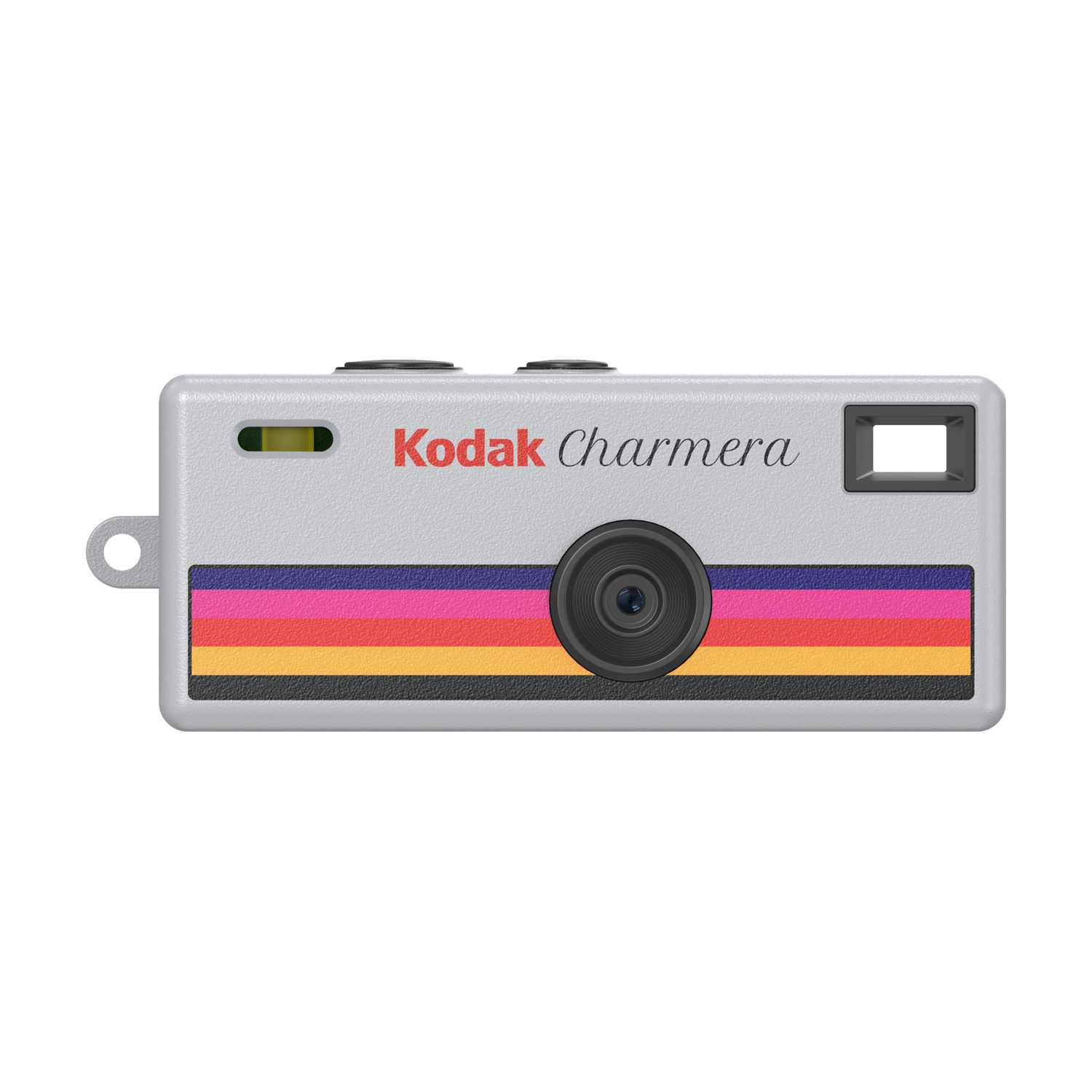 Una fotocamera grigia Kodak Charmera con una striscia multicolore e obiettivo nero. Lo sfondo è bianco.