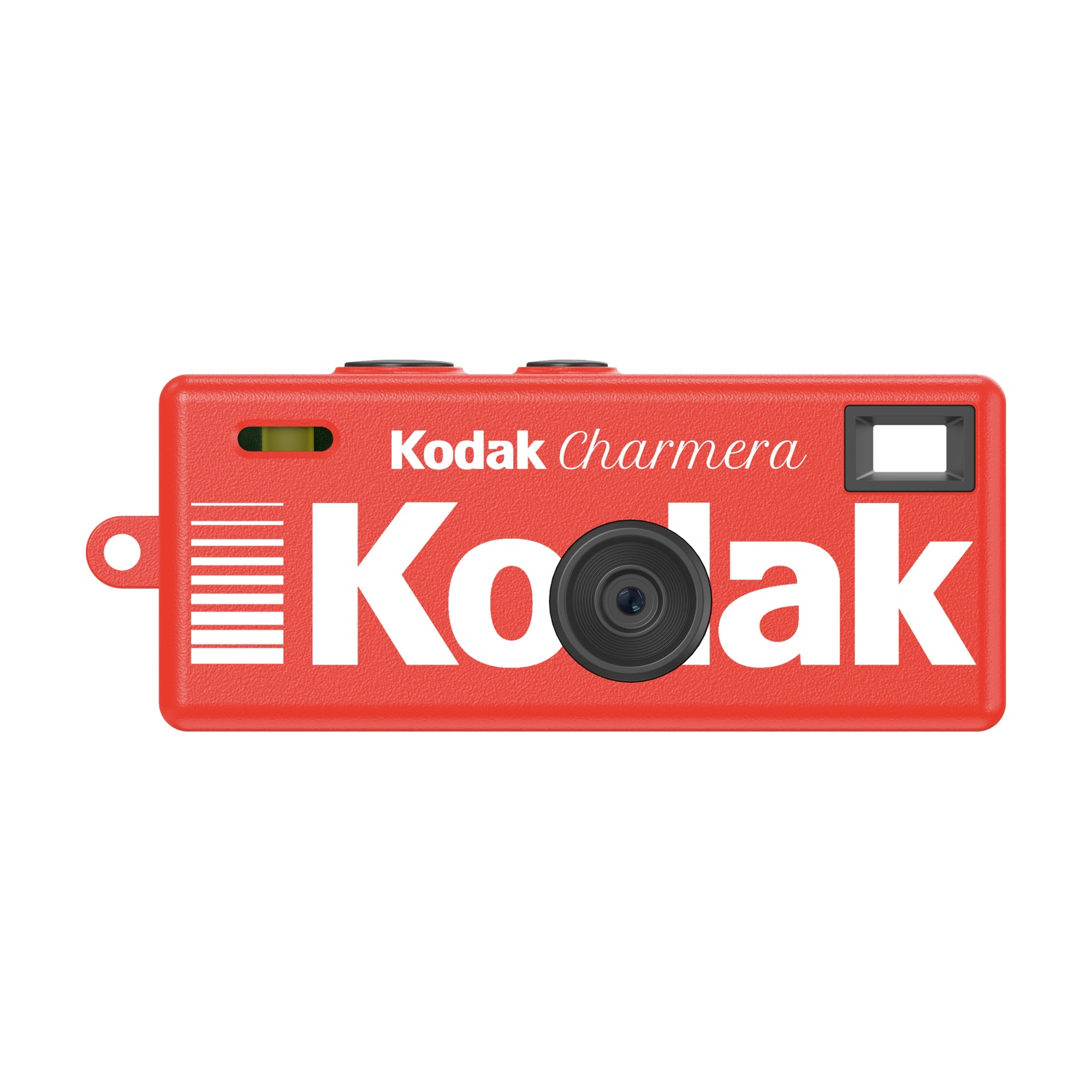 Fotocamera rossa Kodak Charmera. Logo Kodak bianco. Obiettivo e mirino neri. Indicatore batteria giallo. Sfondo bianco.