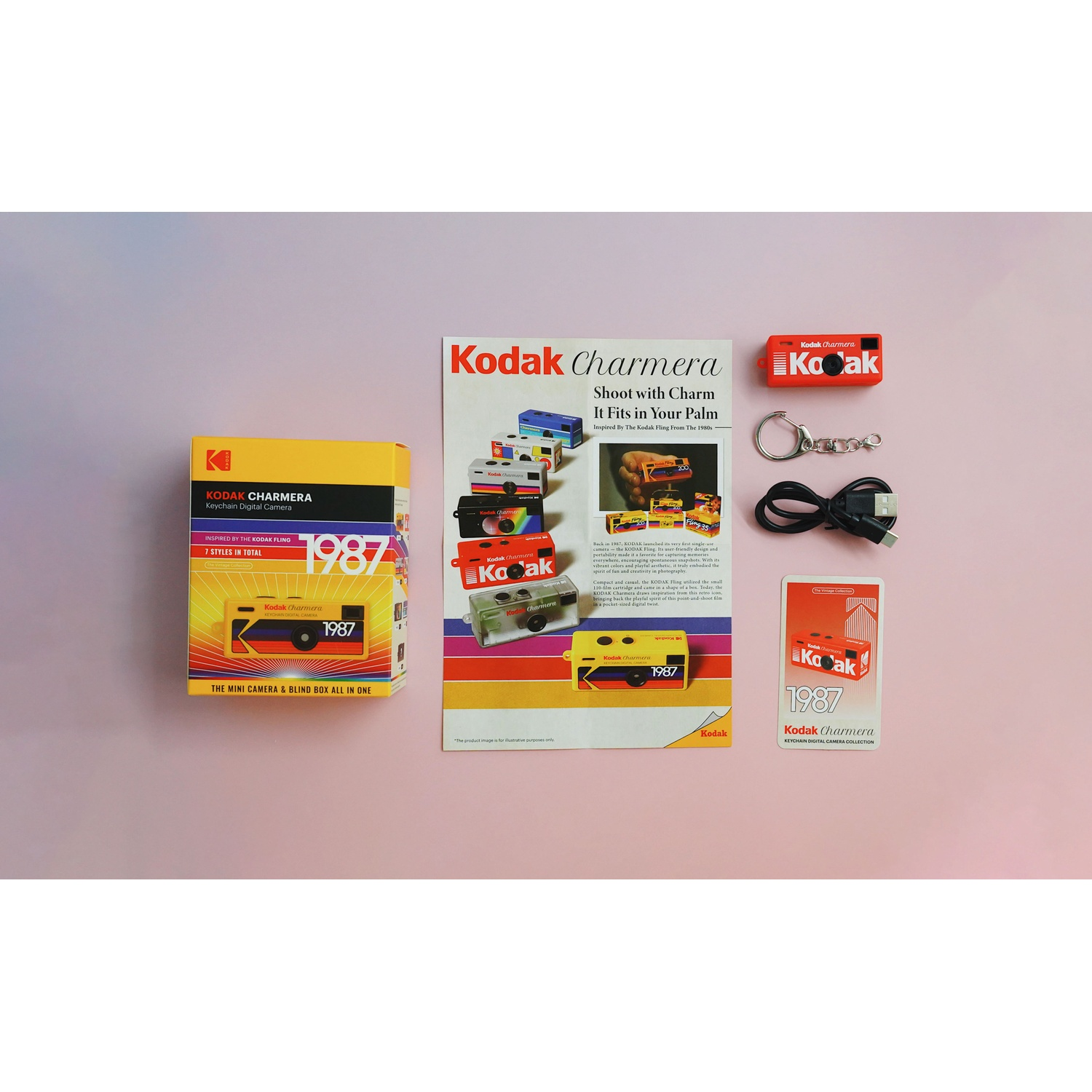 Una collezione di articoli Kodak Charmera tra cui una scatola della fotocamera, materiale promozionale e una fotocamera portachiavi.
