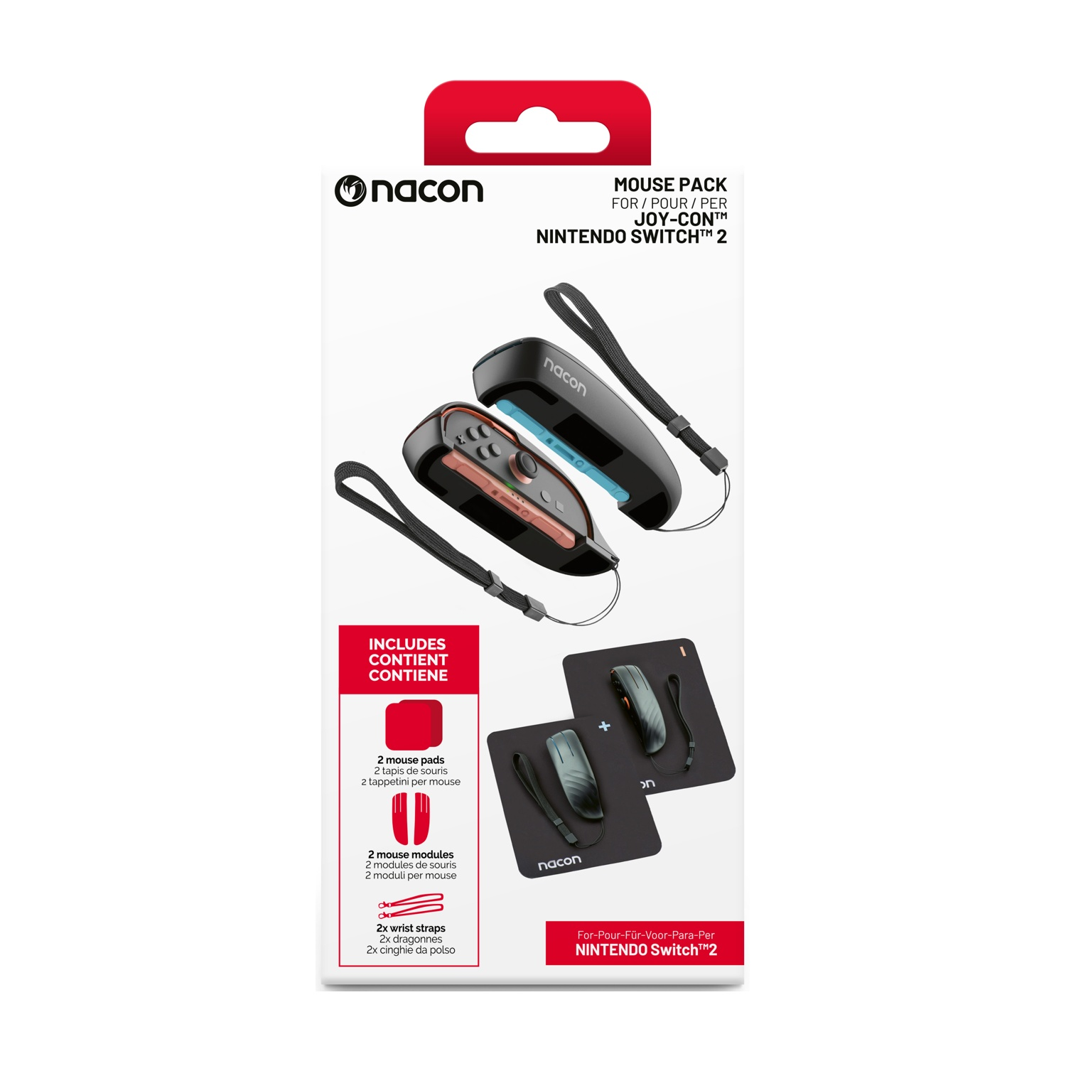 Un pacchetto mouse Nacon Nintendo Switch Joy-Con. Include mouse pad, moduli e cinturini da polso. La confezione è rossa, nera e bianca.